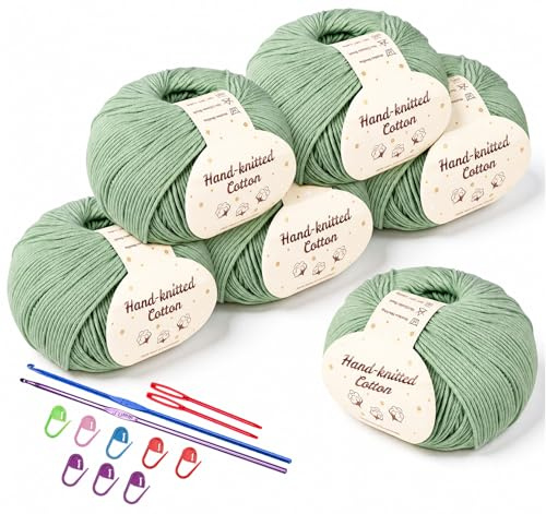 ilauke Baumwolle zum Häkeln 6 x 50g Mattgrün Babywolle zum Stricken Weich | Häkelgarn Komplett-Set mit Häkelzubehör, Baumwolle Atmungsaktiv Hautfreundlich, für Babydecke Kleidung Topflappen Taschen