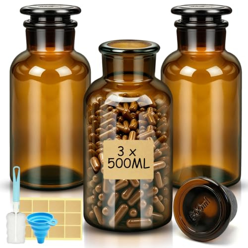 Sinofort 3 Stück Apothekerflasche, 500ml Apothekerglas Mit Schliffstopfen | Weithalsflasche, Laborflaschen Laborglas Rundschulterflasche Braunglasflasche Für Die Lagerung von Proben