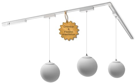 MNK_solution LED Schienensystem Komplettset 3 Glas Pendelleuchte Weiß | Zigbee dimmbar – Hängelampe Esstisch – moderne Hängeleuchte für Wohnzimmer, Küche, Esszimmer – Lichtschienensystem Kugellampe