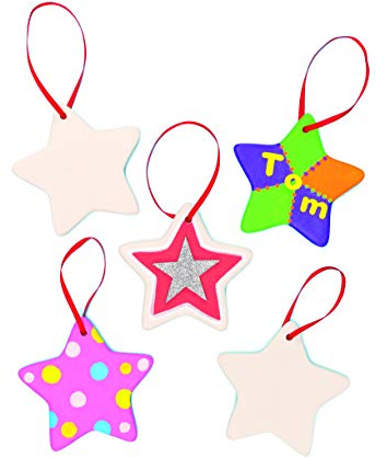 Baker Ross EX628 Ceramic Star Hanging Decorations 9cm with Ribbon, for Children to Paint Decorate & Offer as Gift for Father's Day (Box of 5), One Size