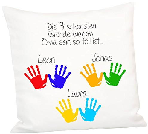 Geschenke 24 Kissen – schönste Gründe (Oma, 3 Gründe mit Namen): Deko Wohnzimmer, Kuschelkissen für Oma – Kissen 40x40 personalisiert - Oma Geschenk, Oma und Opa Geschenke Weihnachten