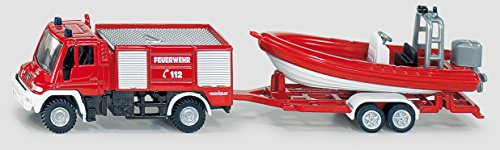 siku 1636, Feuerwehr Unimog mit Boot, 1:87, Metall/Kunststoff, Rot, Feuerwehrauto und schwimmfähiges Boot, Gummireifen, Anhängerkupplung