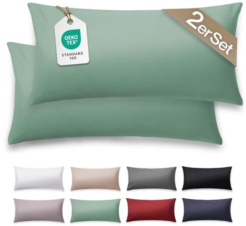 Blumtal Mako Satin Kissenbezug 40 x 80 Baumwolle Grün - 2er Set Kissenbezüge aus 100% Baumwolle - edle Glanzoptik & Reißverschluss - Satin Kissenbezug für Kopfkissen 40x80 & Sofakissen