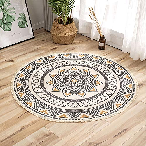 Nicole Knupfer Mandala Runde Teppich Quasten Handwebteppich Böhmische Baumwollteppich Boho-Stil,Durchmesser 92cm (E)