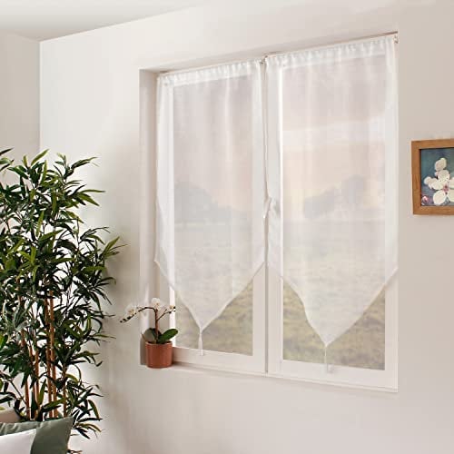 Paire de Vitrage Blanc, 60x120cm, Voilage Passe Tringle, Finition Pointe à Pompons, 100% Polyester Sablé, Collection Sablé, Enjoy Home
