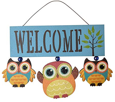 æ— Willkommensschild mit Eulen-Motiv, Holzschild, Türdekoration, Hängeschild, Garten-Eulen-Dekoration, Willkommens-Türschild, Willkommensschild für Zuhause, Garten, Haustür-Dekoration