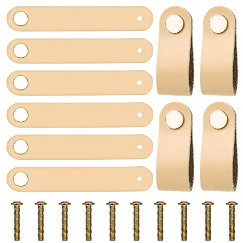 10 Piezas Tirador de Cocina Cuero, Muebles de Cuero Manija con un Orificio, Tiradores para Cajones Vintage con Tornillos para Armarios Cajones - 14.2 x 2.5 cm, Beige