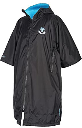 4Monster Unisex Schwimm-Parka mit Kapuze, schnelltrocknender Neoprenanzug, Wickelmantel, wasserdicht, warmer Mantel, Surf-Poncho für Wassersport, Strand & Pool (kurzärmelig, schwarz, L)