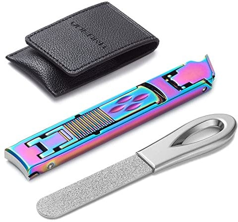 VOGARB Portable Nail Clippers for Thick Nails Ultra Slim Folding Safety Lock Wide Jaw Opening Cutter with File Travel Double Head Curved and Bevel Trimmer for Toenail Fingernail (Rainbow with File)