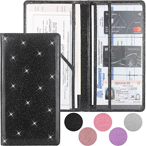 Porte-carte grise et d'assurance en cuir de qualité supérieure, avec fermeture magnétique pour cartes, permis de conduire (noir pailleté)