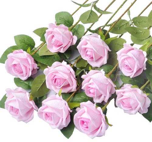 Huspox Rose finte fiori artificiali con gambo lungo per decorazione bouquet matrimonio composizione floreale 10 pezzi (rosa chiaro)