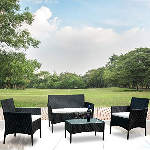 Jiubiaz Gartenmöbel Balkonmöbel Poly Rattan Sitzgruppe, Schwarz, Mit 2-er Sofa, Singlestühle, Tisch und Sitzkissen, Gartenlounge, Wetterfestes