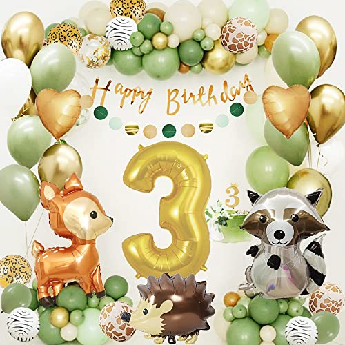 3 Geburtstag Junge Mädchen, Dschungel Kindergeburtstag Deko 3 Jahr, Grüne Luftballon 3 Geburtstagsdeko, Wild Three Geburtstagsdeko, Waldtiere Alles Gute zum Banner für Kinder Deko
