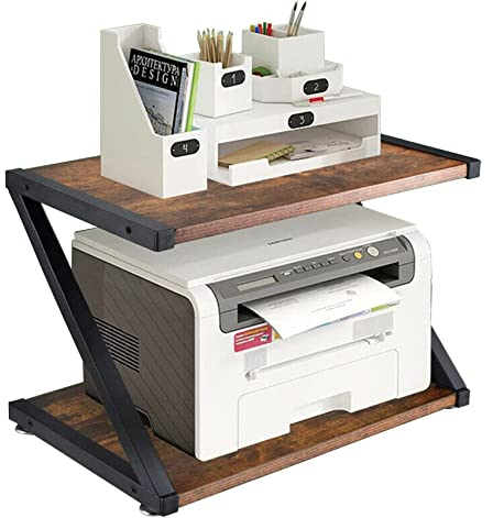 Nisorpa Desktop Printer Stand Holder,Rustic Printer Table With Storage Shelves Fax Shelf File Rack,2-Tier Retro Desktop Desk Storage Shelf Organizer for Fax Machine, Scanner, Books (Wood Brown)