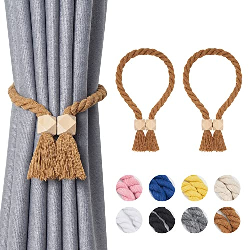 Pretty Jolly Polyeder magnetische Vorhang-Raffhalter aus Holz, Boho-Dekoration, Raffhalter, natürliche Baumwolle, handgewebt, für Fenstervorhänge für Zuhause und Büro, Kaffee, 2 Stück