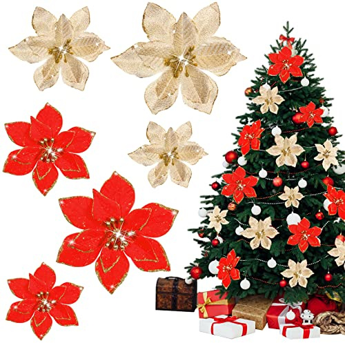 Aoriher 3 Größen Glitzer Weihnachtsstern Dekorationen Rot und Gold Künstliche Weihnachtssterne Baumschmuck mit Clips Weihnachtsblumen für Hochzeit Urlaub Party Dekoration (Goldkante mit Glitzer)