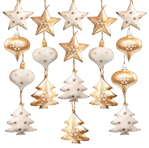 Logbuch-Verlag 18 Weihnachtsbaum Anhänger aus Metall 4 cm Weihnachtsbaumschmuck Sterne + Herzen + Bäume Gold weiß Weihnachten Baumschmuck