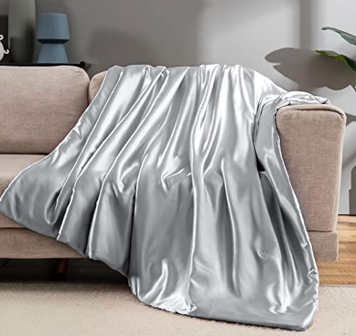 Vonty Satin Throw Blanket Silver Grey 90x90 Inches (With Small Flowers), Cooling & Silky, Wrinkle-Free Cable Knit Big Size for Couch, Sofa, Bed, Outdoor