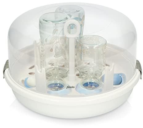 Alecto BW05 Microwave Steriliser for Baby Bottles - for 4 250 ml Bottles and Accessories - BPA Free - with Tongs and Measuring Cup - White