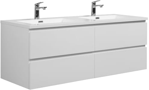 Badezimmer Badmöbel Set Angela 140cm - Hochglanz Weiß - Unterschrank Schrank Waschbecken Waschtisch