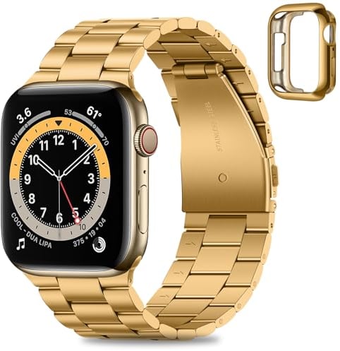 HITZEE Kompatibel with Apple Watch Armband 46mm 45mm 44mm 42mm, Edelstahl Metall Ersatzband Armbänder Band Kompatibel für iWatch SE Series 10 9 8 7 6 5 4 3 2 1, 42/44/45/46mm Gold