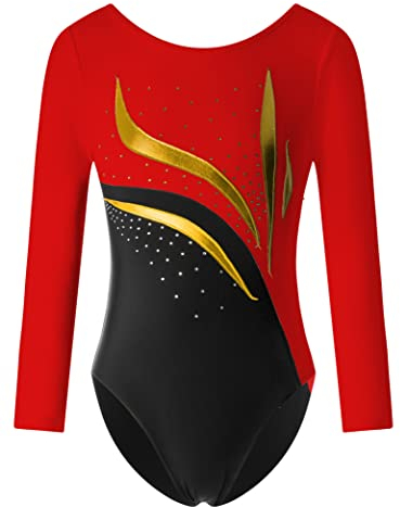 Hedmy Gymnastikanzug Kinder Mädchen Trikot Langarm Glänzende Turnanzug Trikotanzug Gymnastik Training Dancewear Rot 158-164