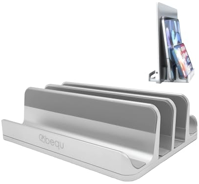 BEQU 4-in-1 vertikaler Laptop-Ständer (Silber), robustes Aluminium, rutschfestes Silikon-Pad, verstellbar, passend für alle iPads/Tablets/Handys/Laptops (MacBook/Windows/Linux/Chromebook)