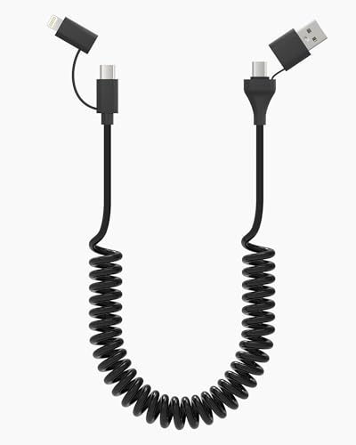 Cable en espiral USB C y Lightning 2 en 1 Carga Rápida 60W y Transmisión Datos CarPlay y Android Auto Cable cargador múltiple 4 en 1 Combo Lightning/Tipo C para iPhone Android iPad Portátil 1,8M