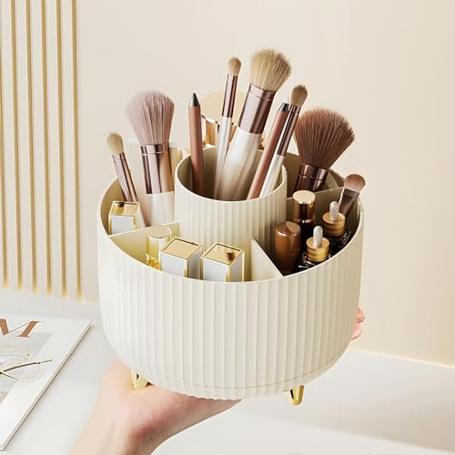 Diesisa Elegant Cream 360° Rotating Makeup Brush Organizer, 5 Slot Makeup Brush Cup for Cosmetics, Nail Polish, Art Supply, Bathroom Vanity Desktop Organizer