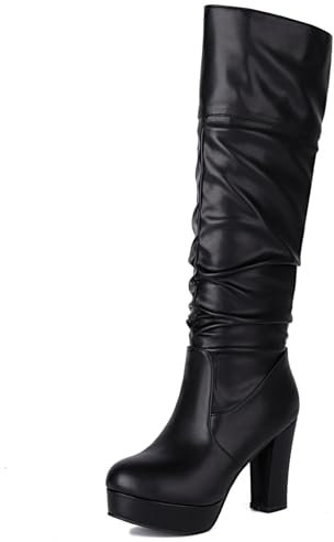 Lroey Reoly Donna Tacco Chunky Stivali a Metà Polpaccio, Stivali Morbidi Punta Rotonda Tacco Alto Stivali Alti Senza Chiusura con Plateau, T10469Xu Nero Numero 33 EU