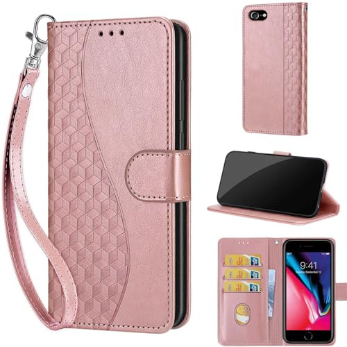 KENHONER Phone Case for iPhone 7/8 / SE2 / SE3, Wave -Rose Gold | Shockproof Flip Wallet, Card Slots, Kickstand, PU Leather, Wrist Strap Lanyard