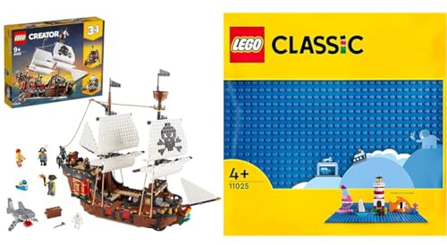 LEGO 31109 Creator 3-in-1 Piratenschiff Set & 11025 Classic Blaue Bauplatte, quadratische Grundplatte mit 32x32 Noppen als Basis Sets, Konstruktionsspielzeug für Kinder