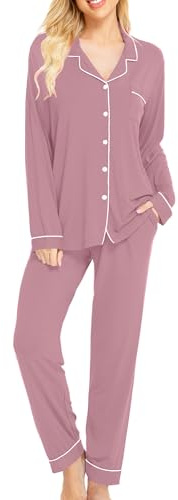 SWOMOG Women Pyjamas Sets Soft Long Sleeve Button Down Sleepwear Soft Pjs Set Loungewear Taro Purple M