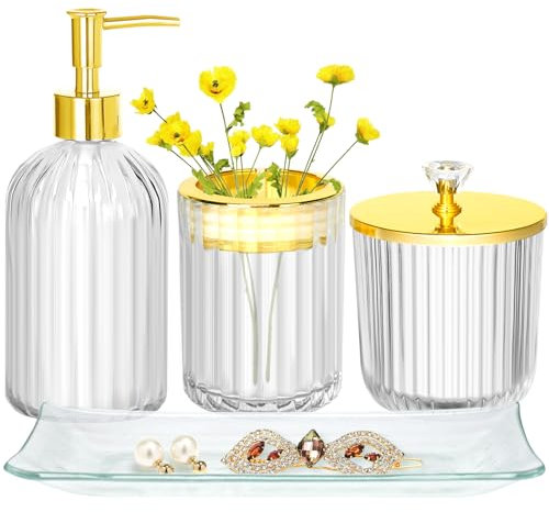 Juego de accesorios de baño, 4 piezas de accesorios de baño de vidrio transparente y dorado, con dispensador de jabón de loción, soporte para cepillo de dientes, tarro de boticario, bandeja de