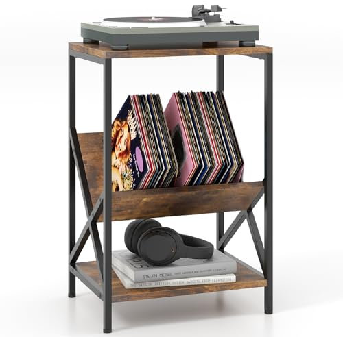 COSTWAY Sofa Side Table, Industrial Nightstand Record Player Stand with Album Vinyl Storage and Open Shelf, Metal Frame Wooden Turntable Stand Bedside End Table for Living Room Bedroom (Rustic Brown)