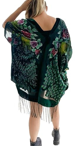 Burnout Velvet Peacock Design Kimono, Duster, Dressing Gown, Beach Cover up Green
