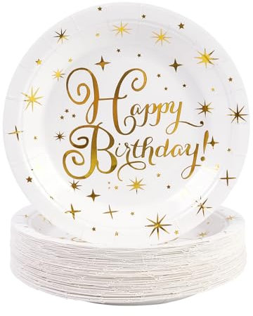 AHPYEUHK Happy Birthday Paper Plates 50 Pack 7-Inch White-Gold Round Dessert Plates for Birthday, Baby Showers, Wedding Decorations