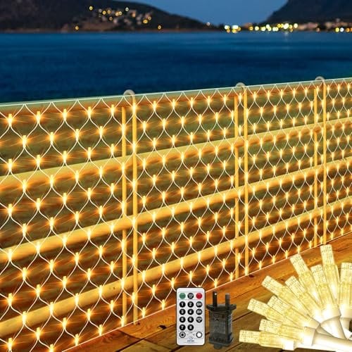 THKFUL Rete luminosa da esterno, 6 x 3 m 408LED Luci Nette Alimentazione Plug-In,impermeabile rete luminosa da interno telecomando timer 8 modalità, per cespugli giardino (bianco caldo)
