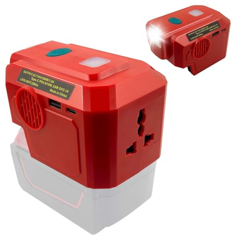 Battery Inverter for Einhell 18V Batteries, Pure Sine Wave Battery Converter Adapter 200W 18V DC to 220V AC with USB-C 200LM LED Lamp and 230V Sockets