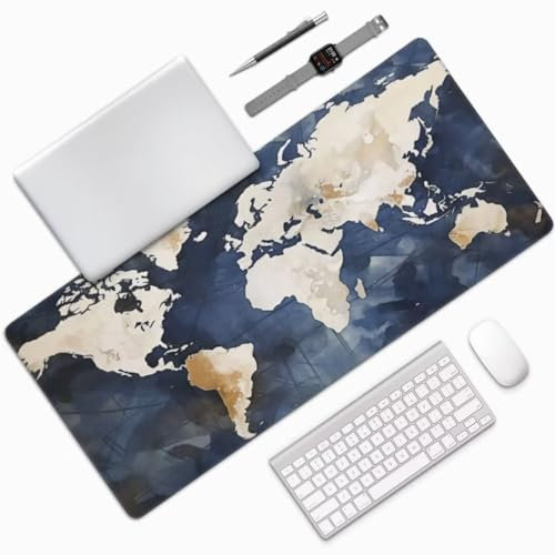 Tapis de Souris Carte du monde Tapis de Souris XXL 800x400 mm, Imperméable Tapis de Souris Gamer XXL Tapis Souris Vintage Mouse Pad, Base Atidérapante Haute Précision et Vitesse pour Deco Bureau-MU834