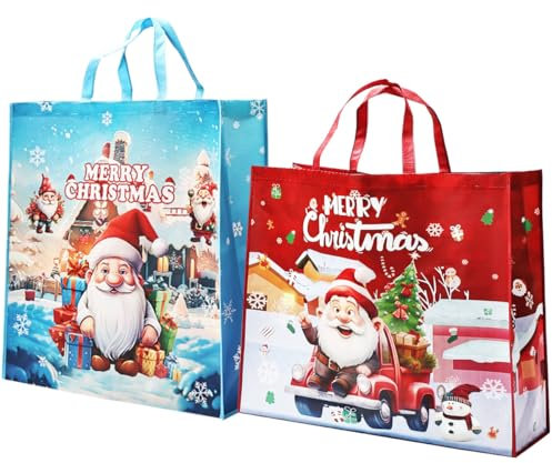 Weihnachts-Tragetaschen in Jumbo-Größe: 2 Geschenktüten aus Vliesstoff, große Weihnachts-Einkaufstüten, 60 x 55 x 20 cm, zum Verpacken und Liefern von Geschenken