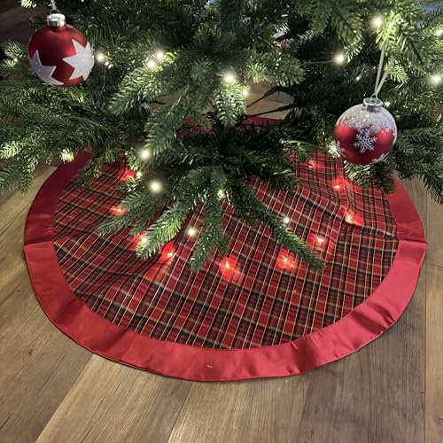 Weihnachtsbaumdecke rund mit LED-Beleuchtung inkl. 6-Stunden Timerfunktion - Weihnachtsbaumrock rot, grün kariert - Weihnachtsdeko