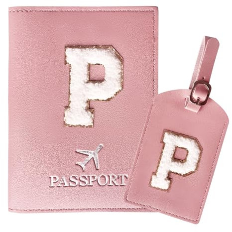 ZVRSUA Reisepasshülle Rosa und Kofferanhänger Set mit Buchstabe P, Passport Hülle Reise Gadgets und Travel Essentials Hülle Reisepass,Geschenk für Frauen/Teenager/Mädchen/Kind(P)