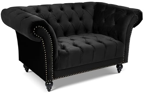 Bravich Chesterfield Velvet Armchair, Black Single Sofa Chair for Living Room, Classic Button Back Arm Chair with Rolled Arms, Solid Wood Frame, 145cm x 56cm x 82cm