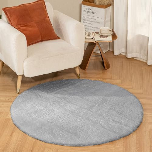 Latepis Runder Teppich Grau 120 cm Flauschig Schlafzimmer Wohnzimmer Kunstfell Teppich Rund Badezimmer Kinderzimmer Waschbar rutschfest