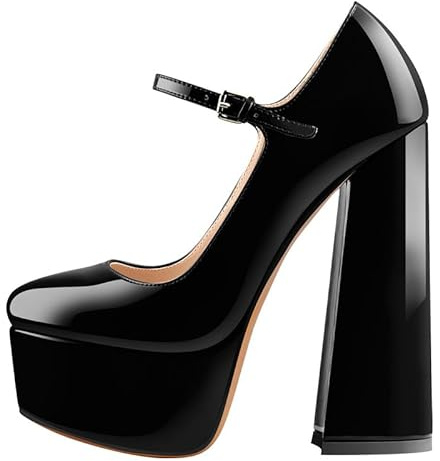 blingqueen Damen Plateau Pumps Mary Jane High Heels mit Blockabsatz Riemchenpumps mit Schnalle Lack