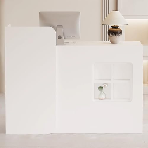 Moderner weißer Empfangstresen mit Schublade und offenem Stauraum – Ideal für Geschäft, Empfangsraum oder Bekleidungsgeschäft – 140 cm