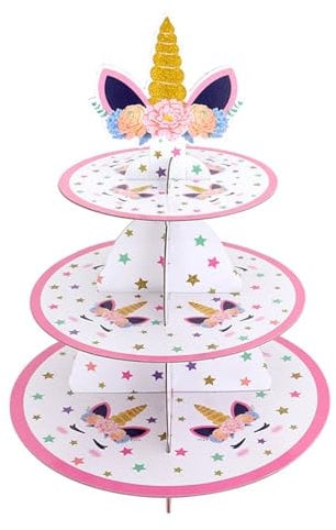 miaomiao Einhorn Tortenständer, 3 Etagen Cupcake Ständer, Einhorn Muffin Ständer aus Karton, Turm Halter Runder Einhorn Geburtstagsfeier Dekorationen für Mädchen und Kinder