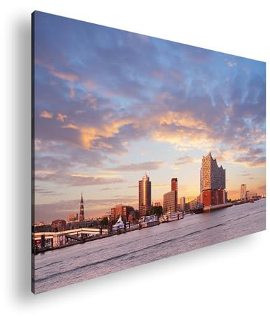 Farbenhorizont Leinwandbild Hamburgs Skyline leuchtet im Farbenspiel der Abendsonne Format: 120x80cm XXL Wandbild auf Keilrahmen/Kunstdruck/Bild Wohnzimmer Dekoration