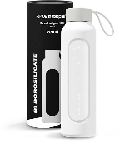 Wessper Glass Water Bottle 500ml with Silicone Sleeve, Borosilicate Glass, Time Marker, BPA-Free, Reusable Sports Bottle for Gym, School, Office – White